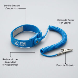 Pulsera antiestática: La guía definitiva para proteger tu hardware 1 Diagrama tecnico con las partes de una pulsera antiestatica incluyendo banda conductora resistencia de seguridad y pinza caiman