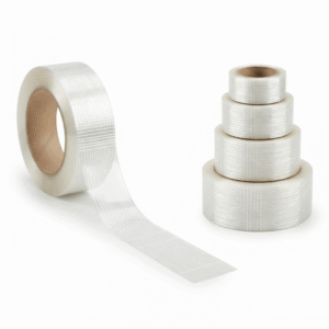 Rollo de cinta de filamentos reforzada con fibra de vidrio para embalaje industrial de alta resistencia.