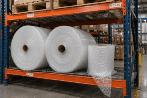 POLIBURBUJA EN ROLLO: 7 BENEFICIOS CLAVE PARA PROTEGER TUS ENVÍOS 6 Almacén industrial con rollos de burbujas