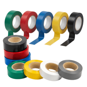 Rollos de cinta aislante PVC negra y de colores para instalaciones eléctricas industriales.