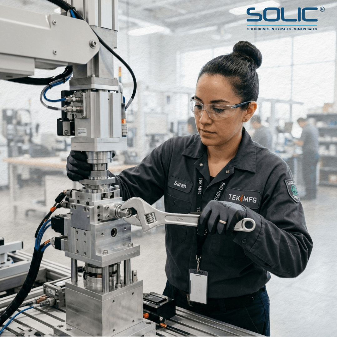 LLAVES AJUSTABLES (PERICO) 3 ingeniera utilizando equipo de protección y una llave ajustable para realizar labores de mantenimiento en una línea de producción