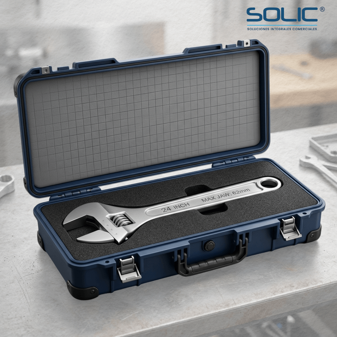 LLAVES AJUSTABLES (PERICO) 5 Estuche rígido premium color azul marino abierto que contiene una llave inglesa ajustable de 24 pulgadas