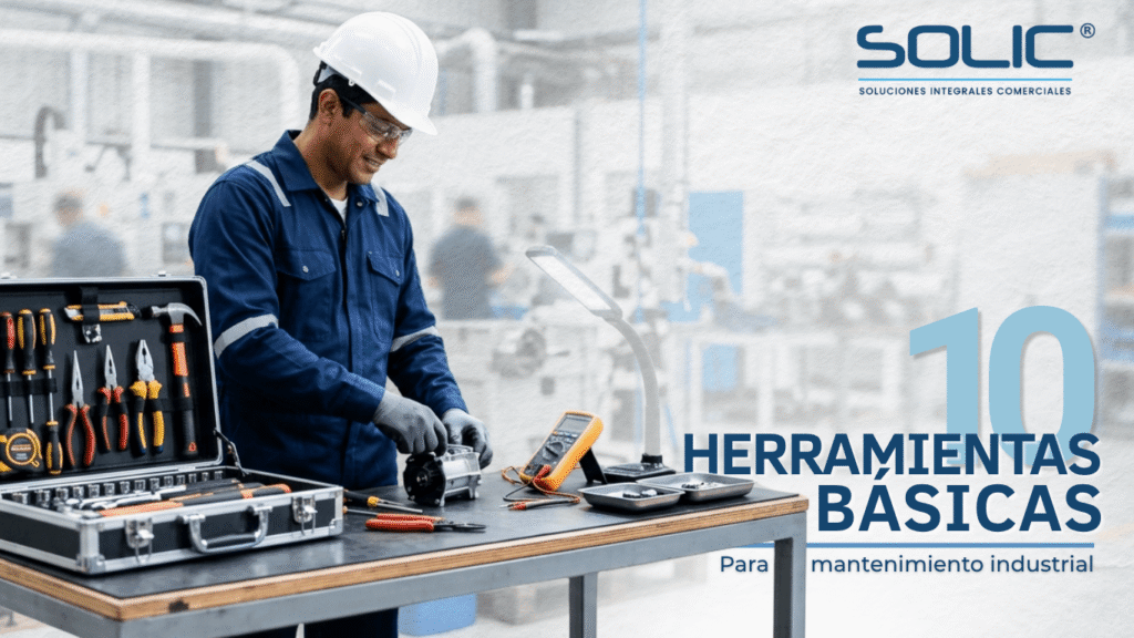 10 herramientas básicas para mantenimiento industrial: guía esencial 9 Técnico con caja y herramientas básicas para mantenimiento industrial, como multímetro, desarmadores, pinzas, martillo y linterna.